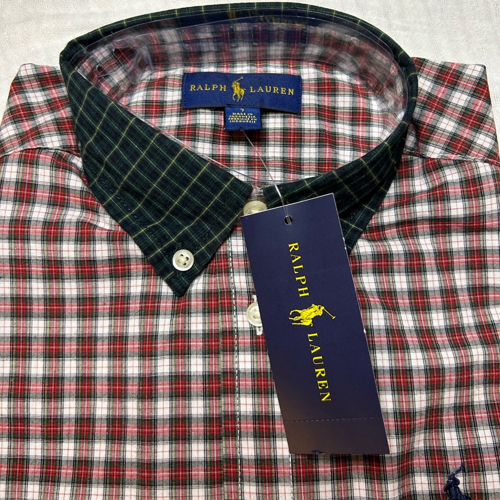 POLO RALPH LAUREN Plaid Cotton Poplin Shirt Boys sz 7 NWT Holiday Red Multi